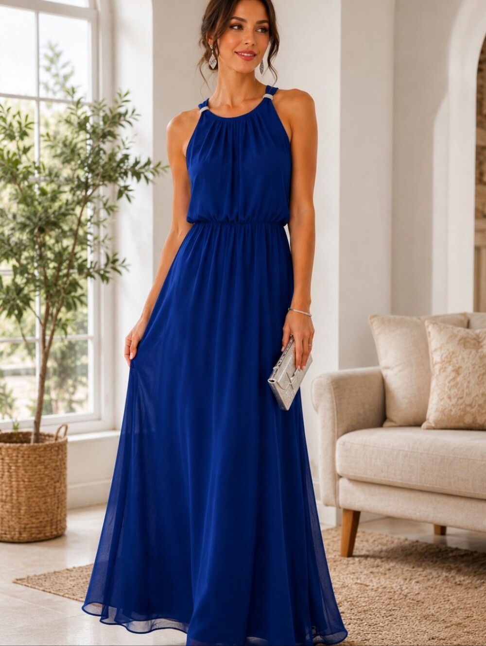 Lauren Ralph Lauren Blue Chiffon Maxi Dress Size 6 Rhinestone Elegant Formal